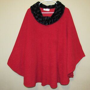 Vtg Lilly of California Red Swing Cape Pullover Poncho Fleece Faux Fur Up to 3X